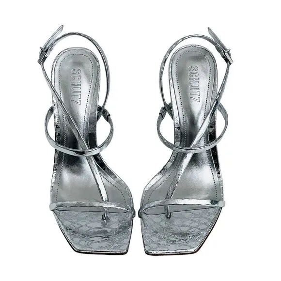 Schutz Womens Heloise Silver Metallic High Heel Square Toe Sandal Size 8