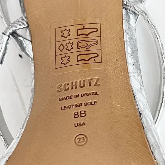 Schutz Womens Heloise Silver Metallic High Heel Square Toe Sandal Size 8