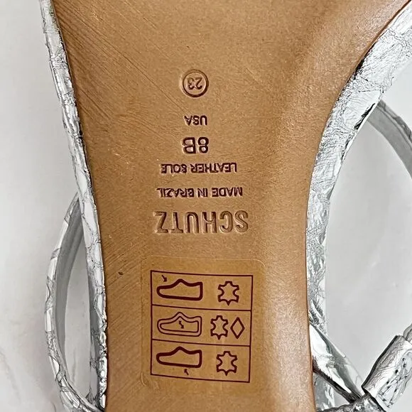 Schutz Womens Heloise Silver Metallic High Heel Square Toe Sandal Size 8