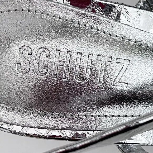 Schutz Womens Heloise Silver Metallic High Heel Square Toe Sandal Size 8