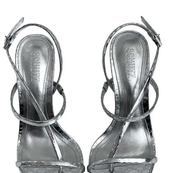 Schutz Womens Heloise Silver Metallic High Heel Square Toe Sandal Size 8