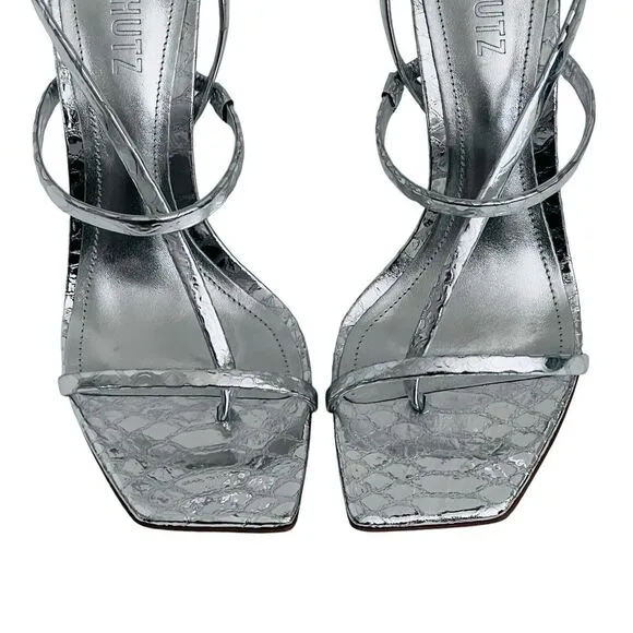 Schutz Womens Heloise Silver Metallic High Heel Square Toe Sandal Size 8