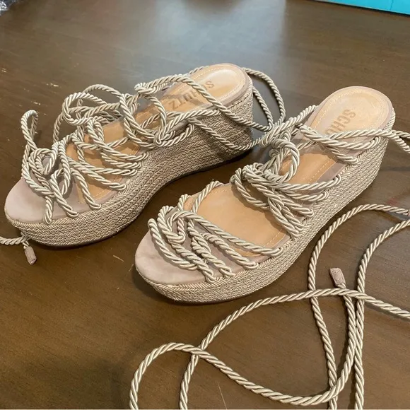 Schutz x Revolve Murana Platform Sandals Strappy Rope Tie 6.5B Women’s Champagne