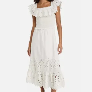 Sea New York Hazel Eyelet Smocked Ruffle Midi Dress White