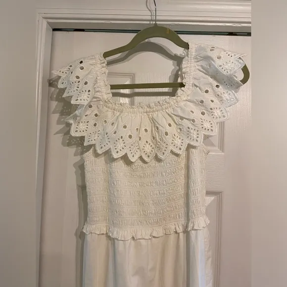 Sea New York Hazel Eyelet Smocked Ruffle Midi Dress White