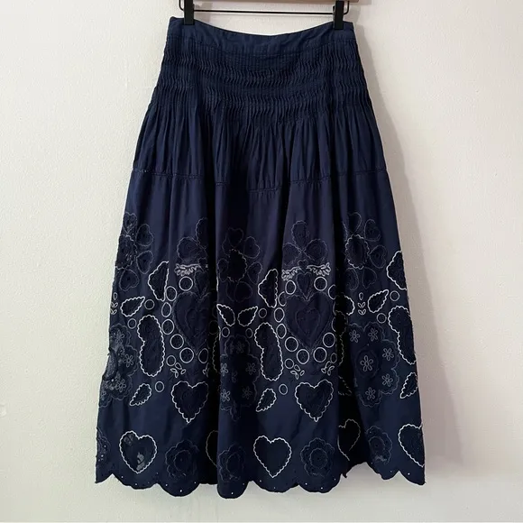 Sea New York Jeanetta Eyelet Skirt in Blue Embroidered Lined Midi Skirt size 10