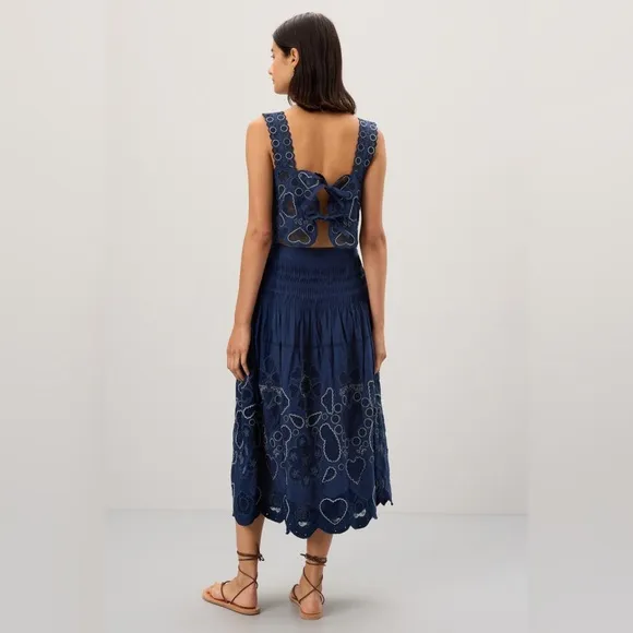 Sea New York Jeanetta Eyelet Skirt in Blue Embroidered Lined Midi Skirt size 10