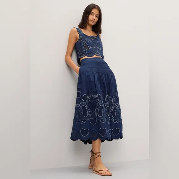 Sea New York Jeanetta Eyelet Skirt in Blue Embroidered Lined Midi Skirt size 10