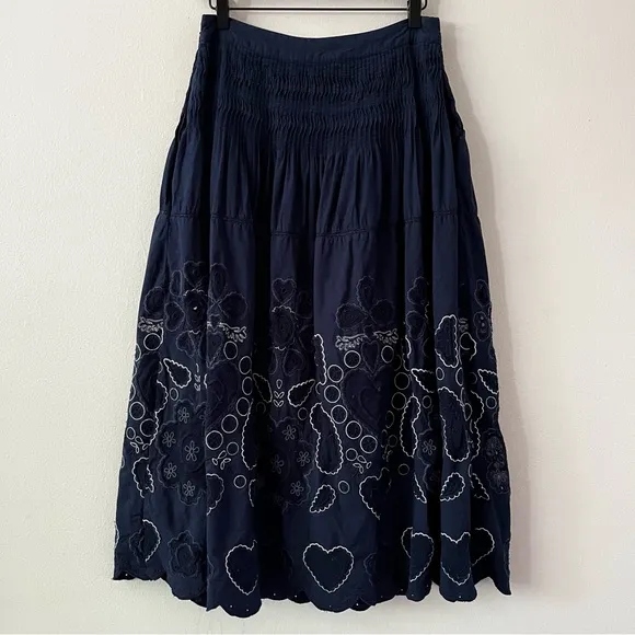 Sea New York Jeanetta Eyelet Skirt in Blue Embroidered Lined Midi Skirt size 10