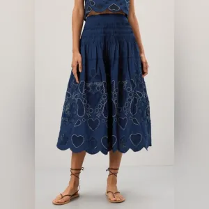 Sea New York Jeanetta Eyelet Skirt in Blue Embroidered Lined Midi Skirt size 10