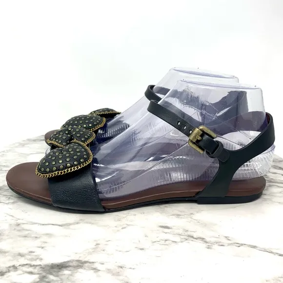 See By Chloe Clara Bow Studded Black leather Flat Ankle Strap Sandals 38 Classic
