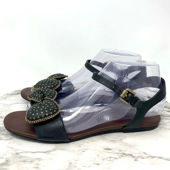 See By Chloe Clara Bow Studded Black leather Flat Ankle Strap Sandals 38 Classic