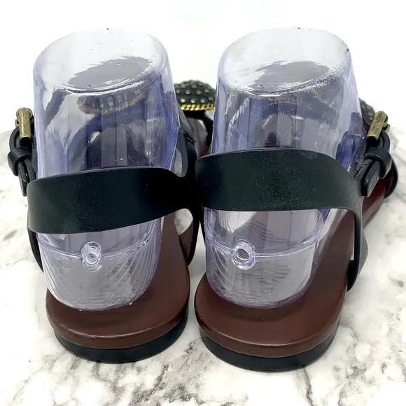 See By Chloe Clara Bow Studded Black leather Flat Ankle Strap Sandals 38 Classic