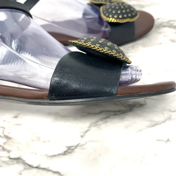 See By Chloe Clara Bow Studded Black leather Flat Ankle Strap Sandals 38 Classic
