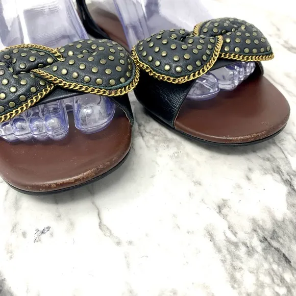 See By Chloe Clara Bow Studded Black leather Flat Ankle Strap Sandals 38 Classic