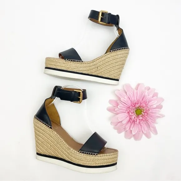 See By Chloe Glyn Espadrille Wedge Platform Leather Sandals Black