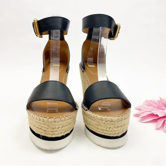 See By Chloe Glyn Espadrille Wedge Platform Leather Sandals Black