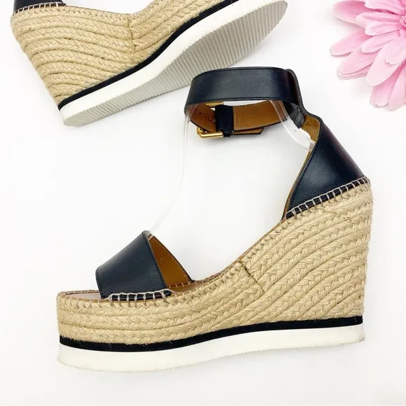 See By Chloe Glyn Espadrille Wedge Platform Leather Sandals Black
