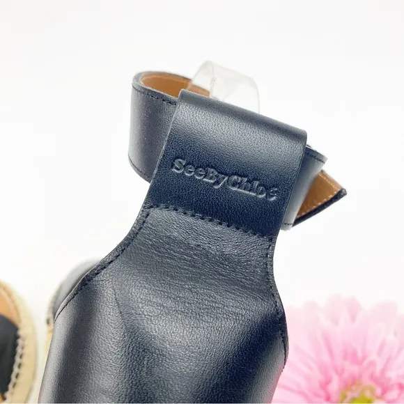 See By Chloe Glyn Espadrille Wedge Platform Leather Sandals Black