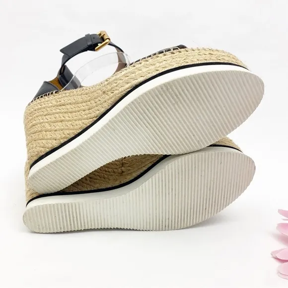 See By Chloe Glyn Espadrille Wedge Platform Leather Sandals Black