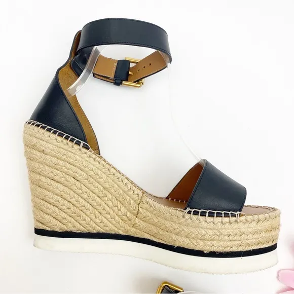 See By Chloe Glyn Espadrille Wedge Platform Leather Sandals Black