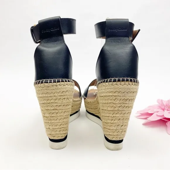 See By Chloe Glyn Espadrille Wedge Platform Leather Sandals Black
