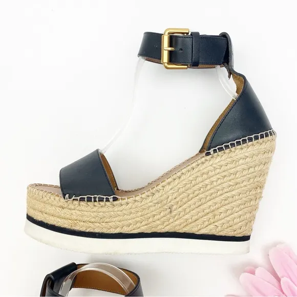 See By Chloe Glyn Espadrille Wedge Platform Leather Sandals Black