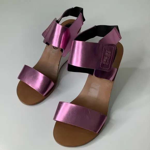 See by Chloe metallic pink wedge heel sandals size 8