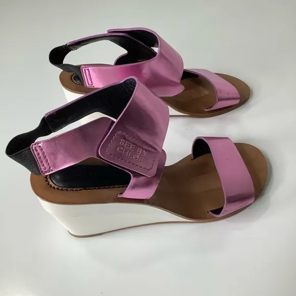 See by Chloe metallic pink wedge heel sandals size 8