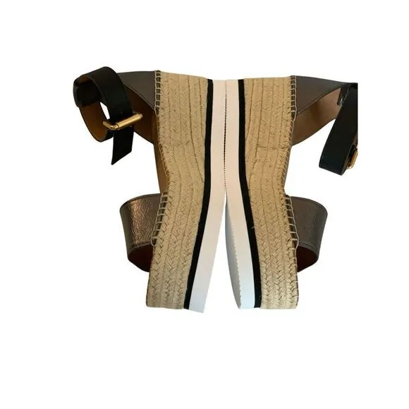 See By Chloe Women's Metallic Glyn Espadrille Wedge Platform Sandals Size 40