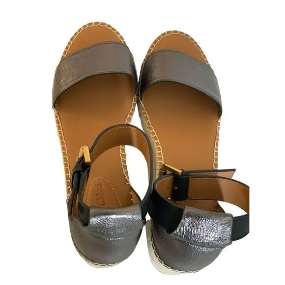 See By Chloe Women's Metallic Glyn Espadrille Wedge Platform Sandals Size 40