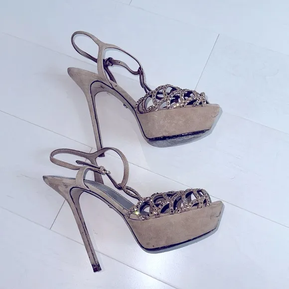 Sergio Rossi Beige Suede Rhinestone Embellished Platform Stiletto Sandals