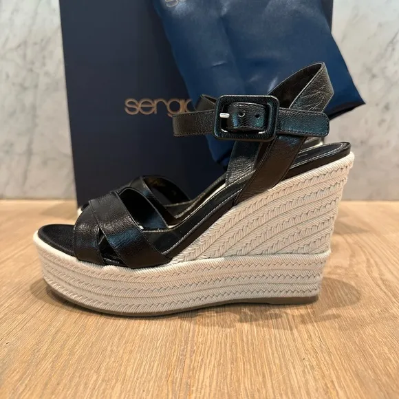 Sergio Rossi Black Leather Wedge Sandals