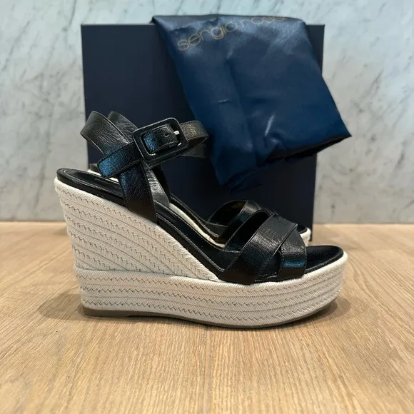 Sergio Rossi Black Leather Wedge Sandals