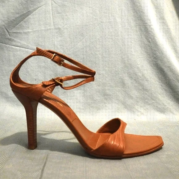SERGIO ROSSI Cognac Lizard/Leather Heeled Sandals, size 40