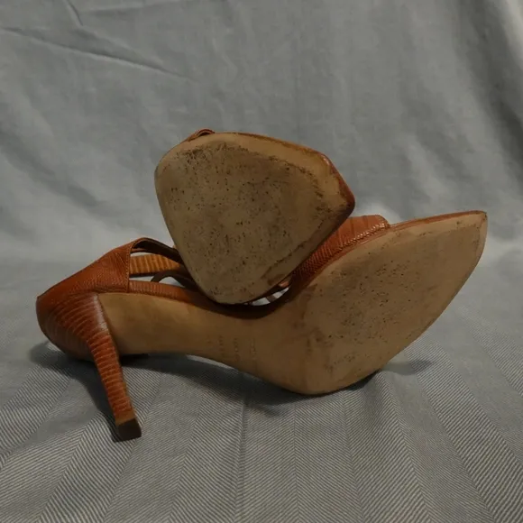 SERGIO ROSSI Cognac Lizard/Leather Heeled Sandals, size 40