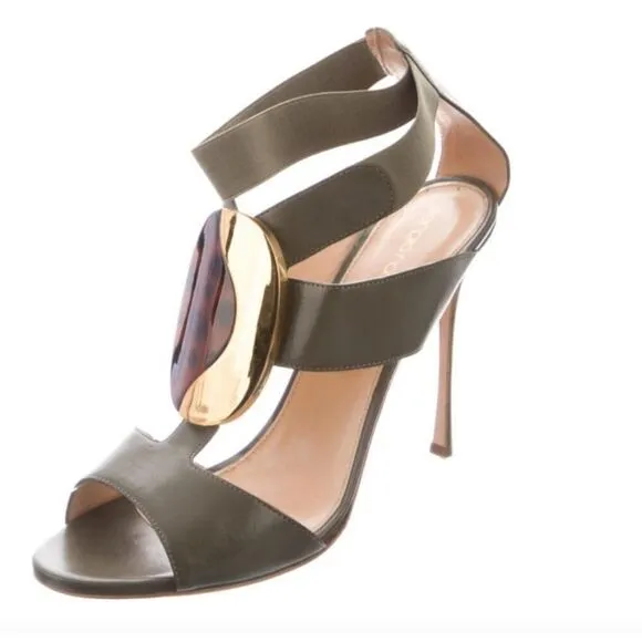 SERGIO ROSSI Olive/Tortoise Sandals Heels - Size 37/7