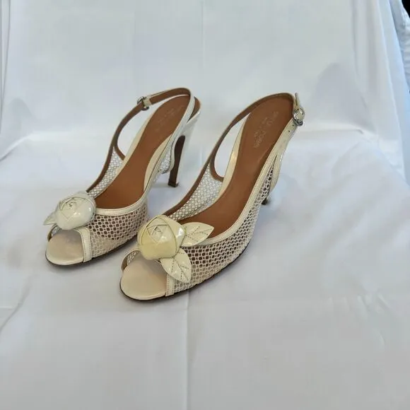 Sergio Rossi Women's Off White Patent Leather Slingback Floral Sandal Size 9