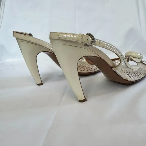 Sergio Rossi Women's Off White Patent Leather Slingback Floral Sandal Size 9