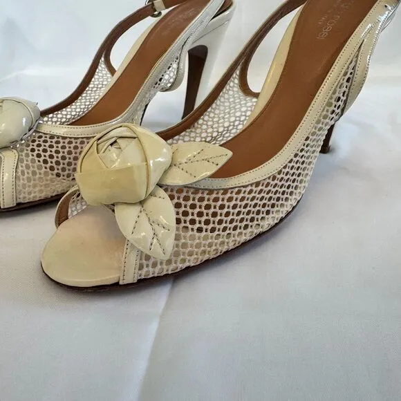 Sergio Rossi Women's Off White Patent Leather Slingback Floral Sandal Size 9