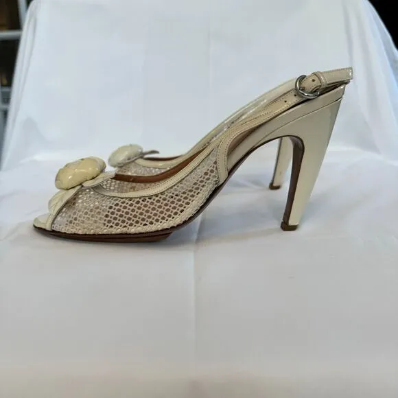 Sergio Rossi Women's Off White Patent Leather Slingback Floral Sandal Size 9