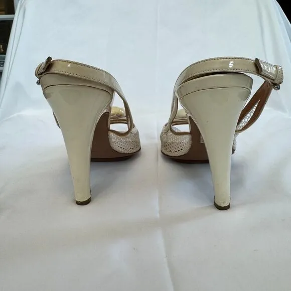 Sergio Rossi Women's Off White Patent Leather Slingback Floral Sandal Size 9