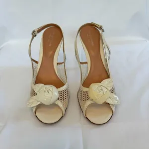 Sergio Rossi Women's Off White Patent Leather Slingback Floral Sandal Size 9