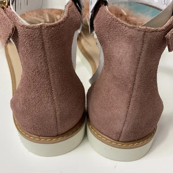 Seychelles Ruffle A Few pink suede feather sandals
