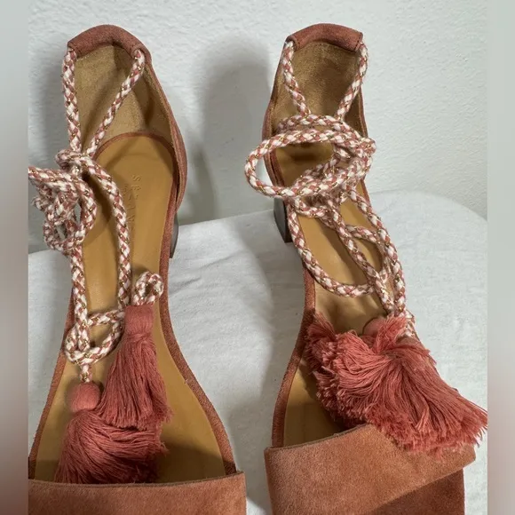 Sezane Lorenzo Pink Suede Fringe Ankle Tie Open Toe Heel Sandals Size 38 (US 7)