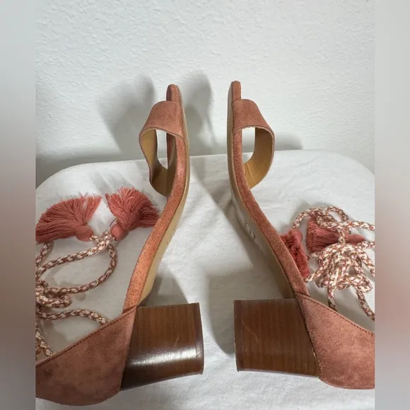 Sezane Lorenzo Pink Suede Fringe Ankle Tie Open Toe Heel Sandals Size 38 (US 7)