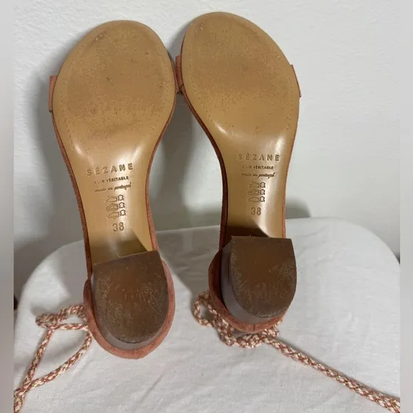 Sezane Lorenzo Pink Suede Fringe Ankle Tie Open Toe Heel Sandals Size 38 (US 7)
