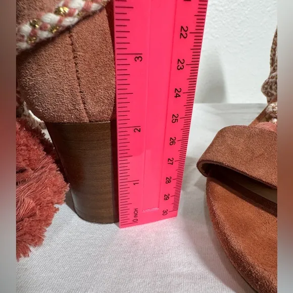 Sezane Lorenzo Pink Suede Fringe Ankle Tie Open Toe Heel Sandals Size 38 (US 7)