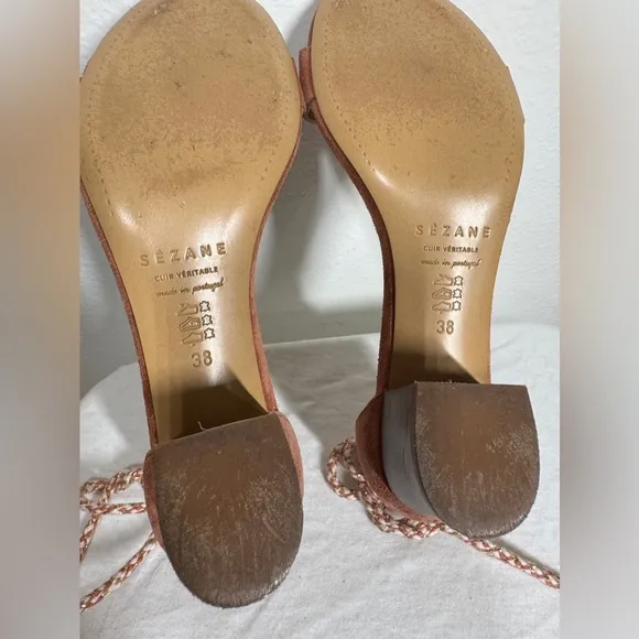 Sezane Lorenzo Pink Suede Fringe Ankle Tie Open Toe Heel Sandals Size 38 (US 7)