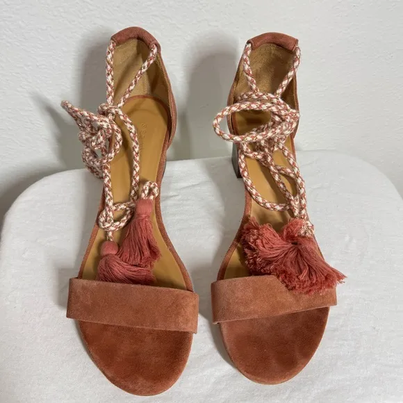 Sezane Lorenzo Pink Suede Fringe Ankle Tie Open Toe Heel Sandals Size 38 (US 7)